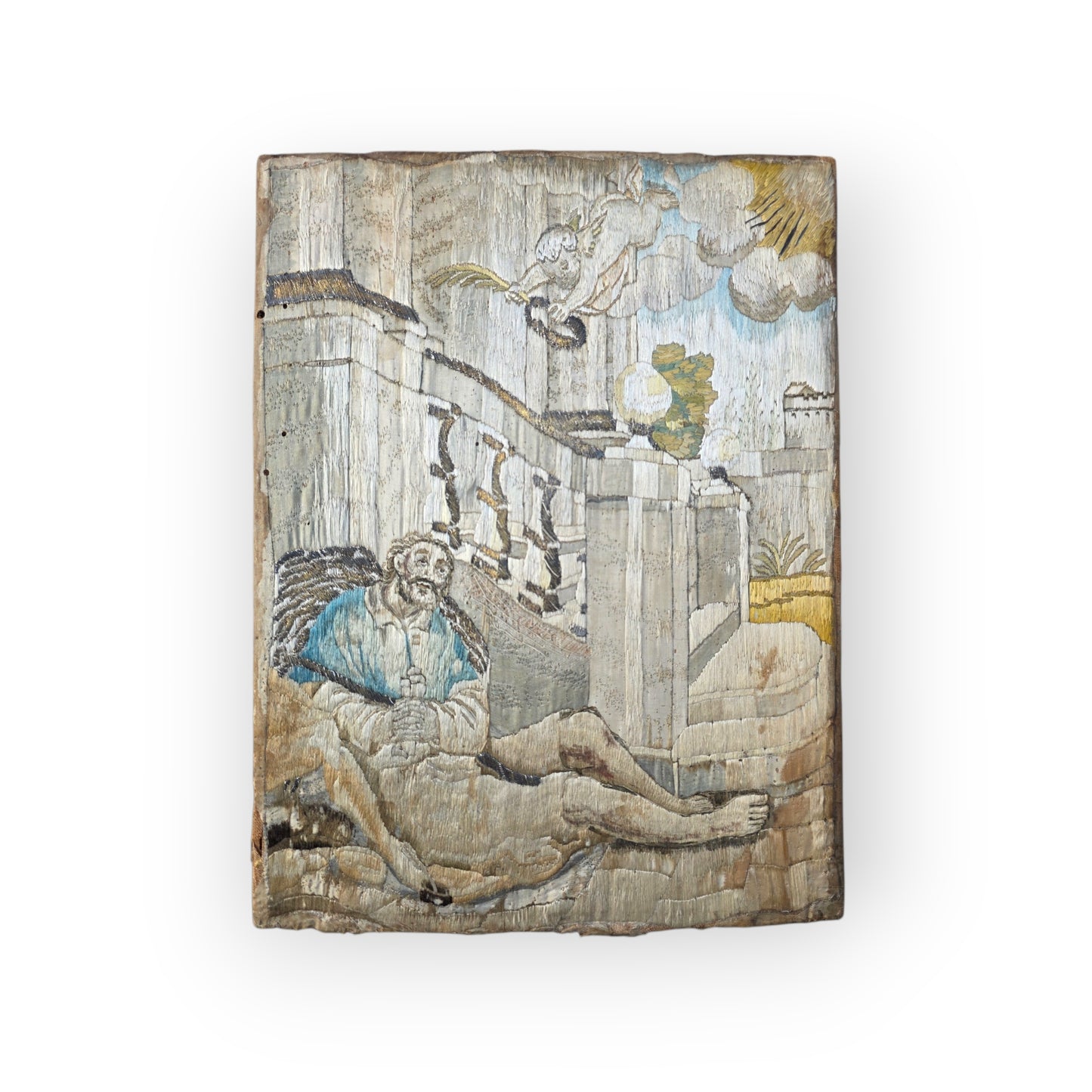 17th-Century Antique Silk Embroidered Panel — The Dream of Saint Joseph, circa 1600-1650