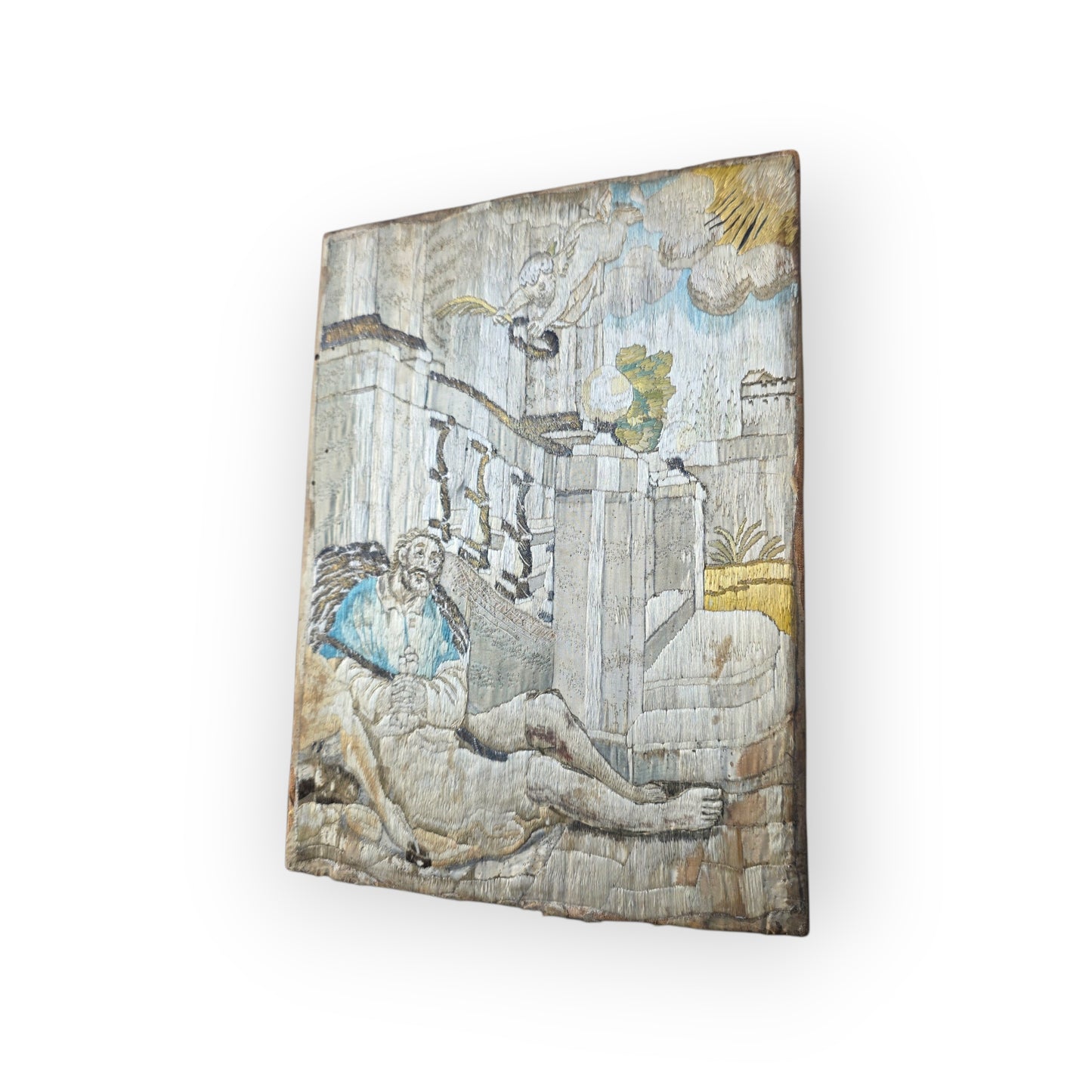 17th-Century Antique Silk Embroidered Panel — The Dream of Saint Joseph, circa 1600-1650