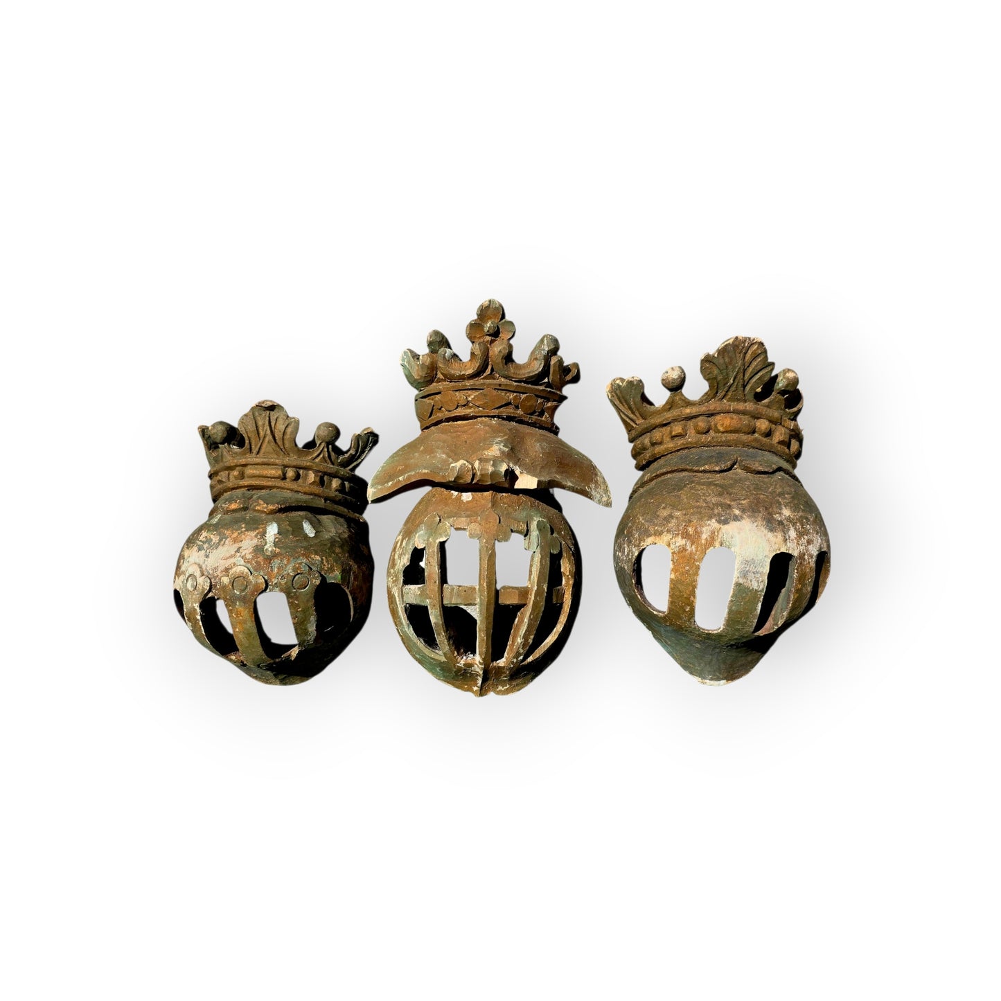 Set of Three Large 17th–18th Century Antique Carved Limewood Heraldic Helms with Coronets