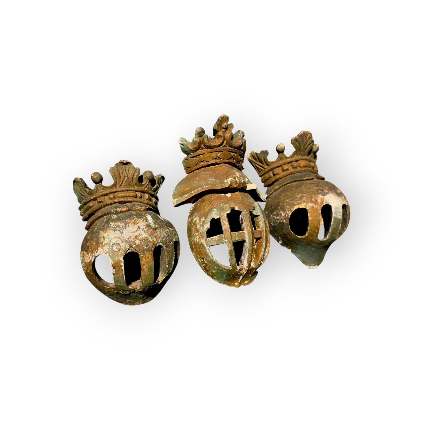 Set of Three Large 17th–18th Century Antique Carved Limewood Heraldic Helms with Coronets