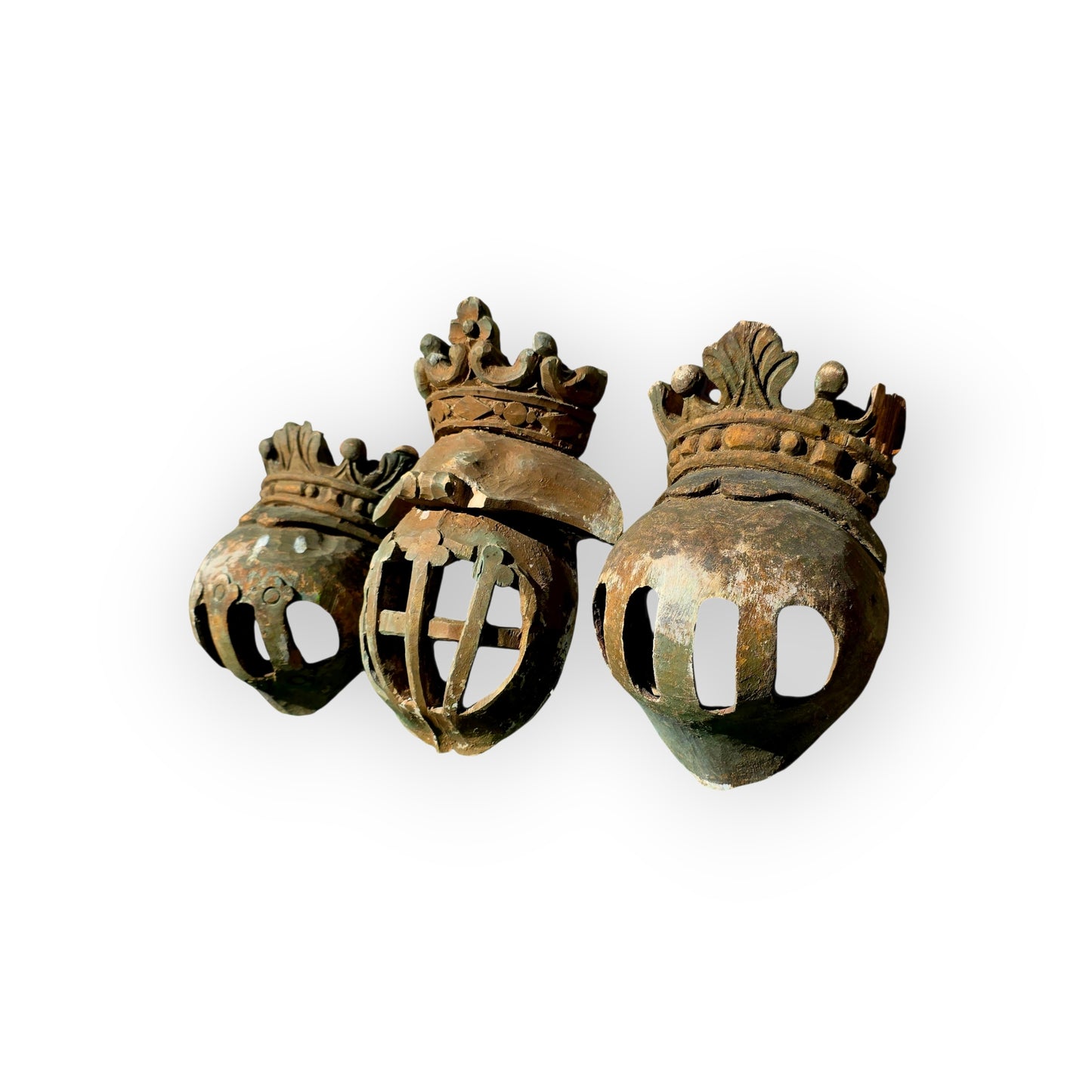 Set of Three Large 17th–18th Century Antique Carved Limewood Heraldic Helms with Coronets