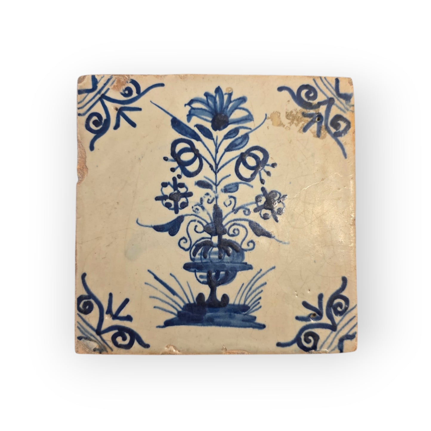 Dutch Antique Delft Tin-Glazed Tile, Vase of Flowers, c.1660–1700