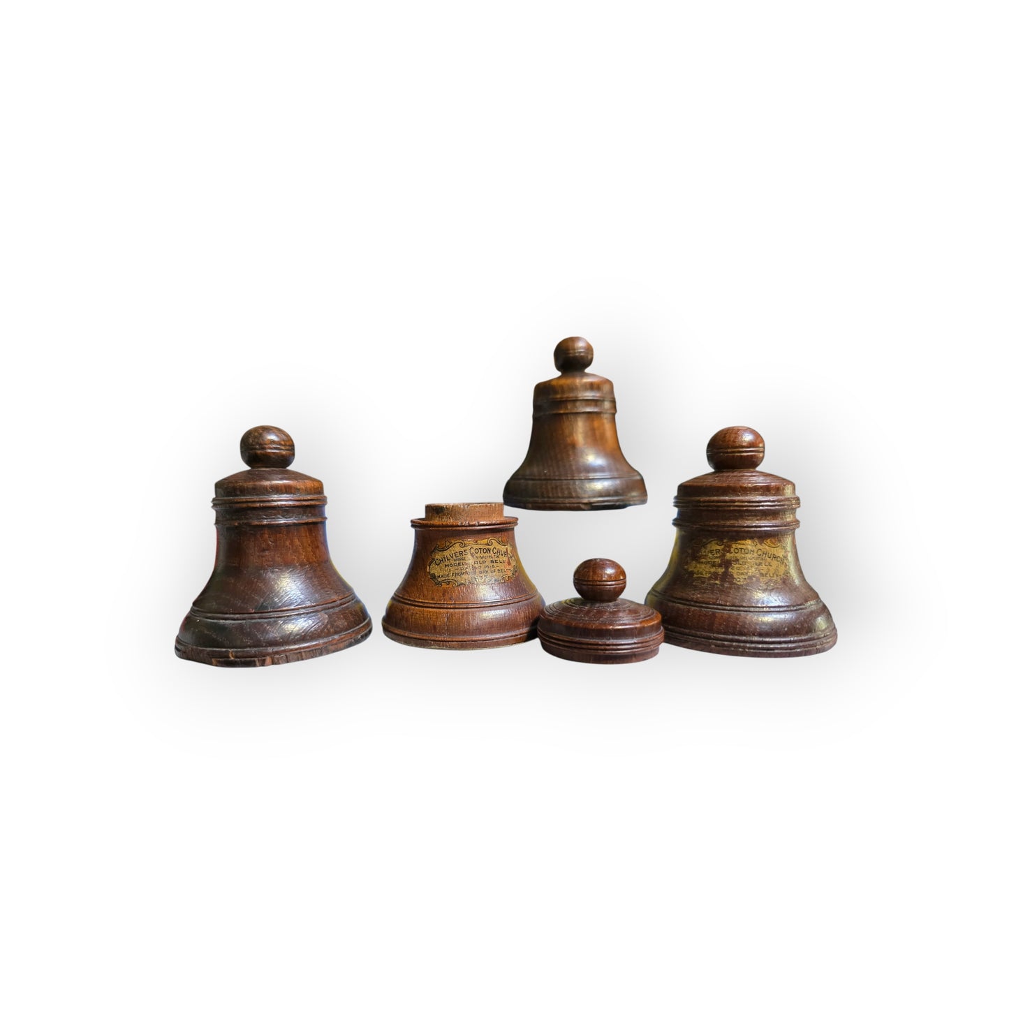 Set of Four Miniature Antique Carved Treen Bells,Turned From 17th Century Oak, from Chilvers Cotton Church, Warwickshire, With Literary Links to The Renowned Author, George Eliot