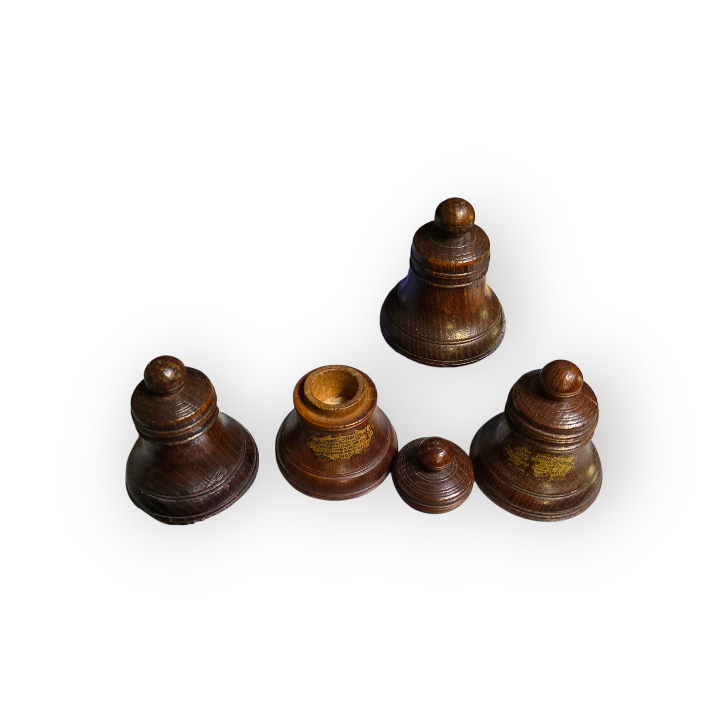 Set of Four Miniature Antique Carved Treen Bells,Turned From 17th Century Oak, from Chilvers Cotton Church, Warwickshire, With Literary Links to The Renowned Author, George Eliot