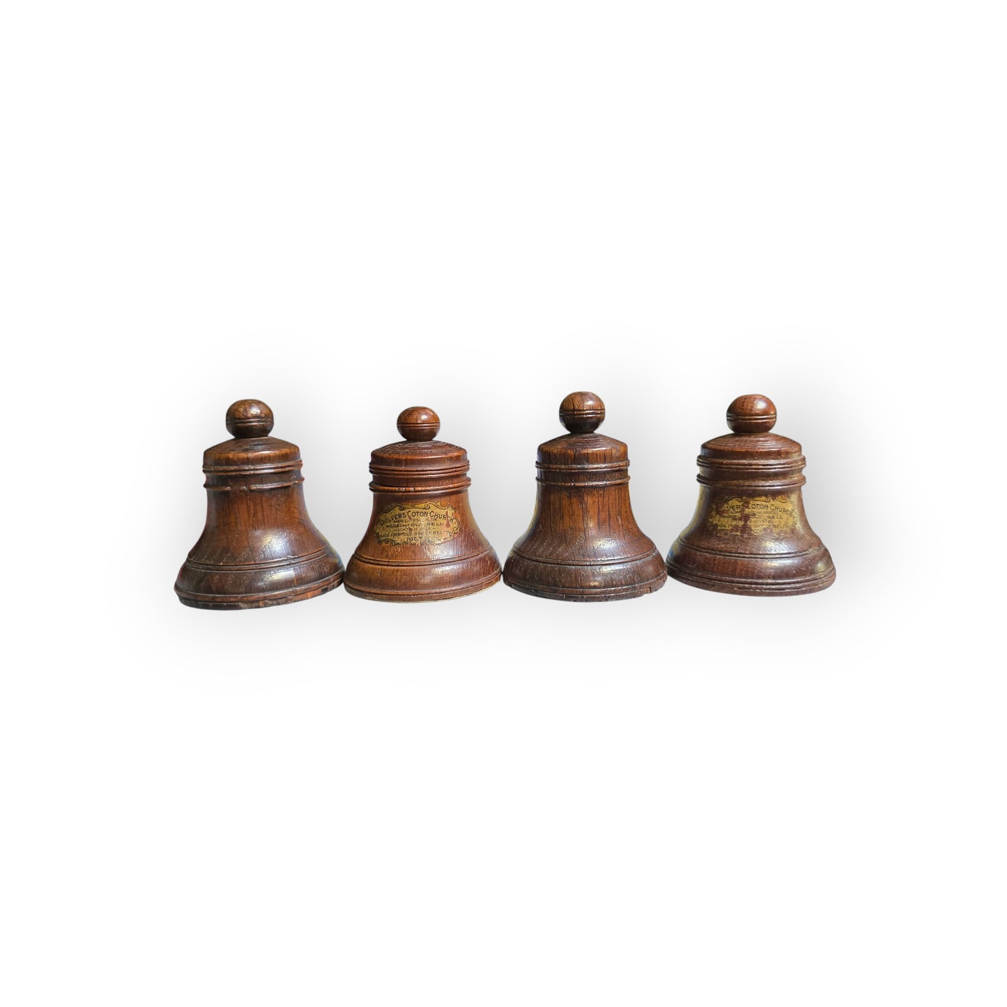 Set of Four Miniature Antique Carved Treen Bells,Turned From 17th Century Oak, from Chilvers Cotton Church, Warwickshire, With Literary Links to The Renowned Author, George Eliot