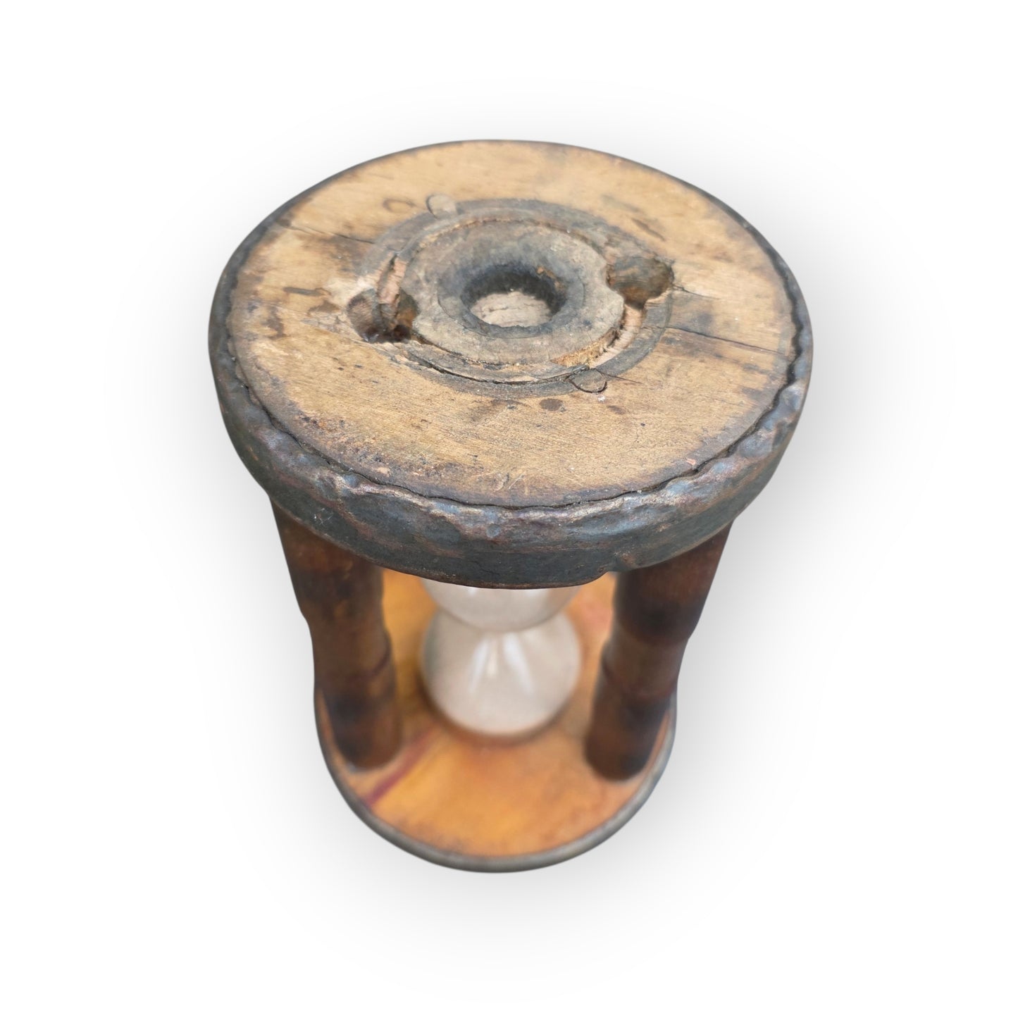 A Large Rare Late 18thC / Early 19thC Converted English Antique Treen Mill Bobbin Three-Chamber Sandglass
