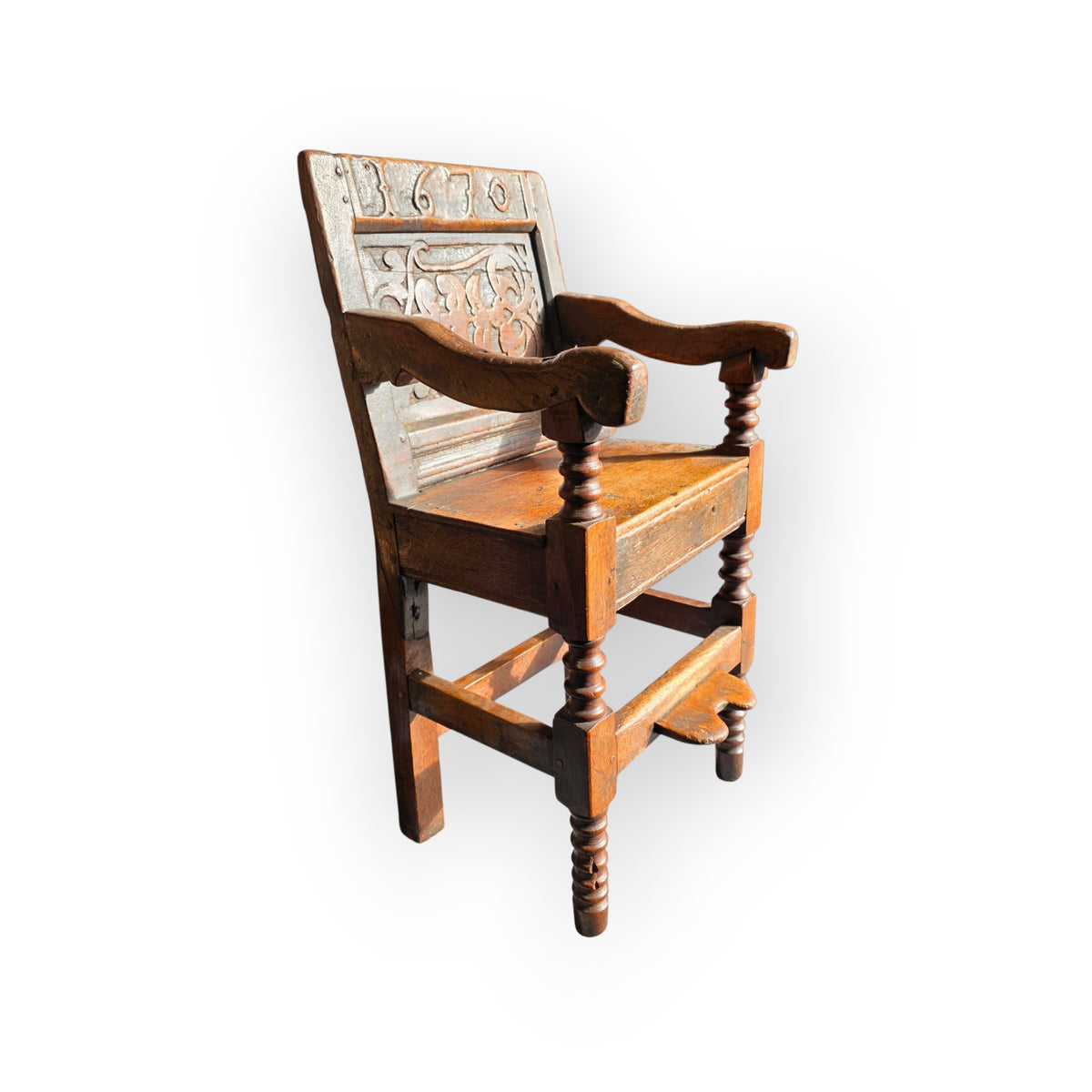 17th Century and Later Antique Oak Child’s High Chair, the Carved Back Dated "1670"