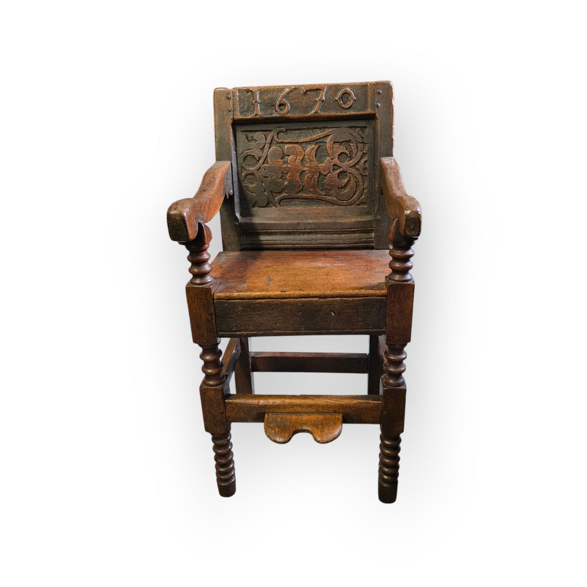 17th Century and Later Antique Oak Child’s High Chair, the Carved Back Dated "1670"