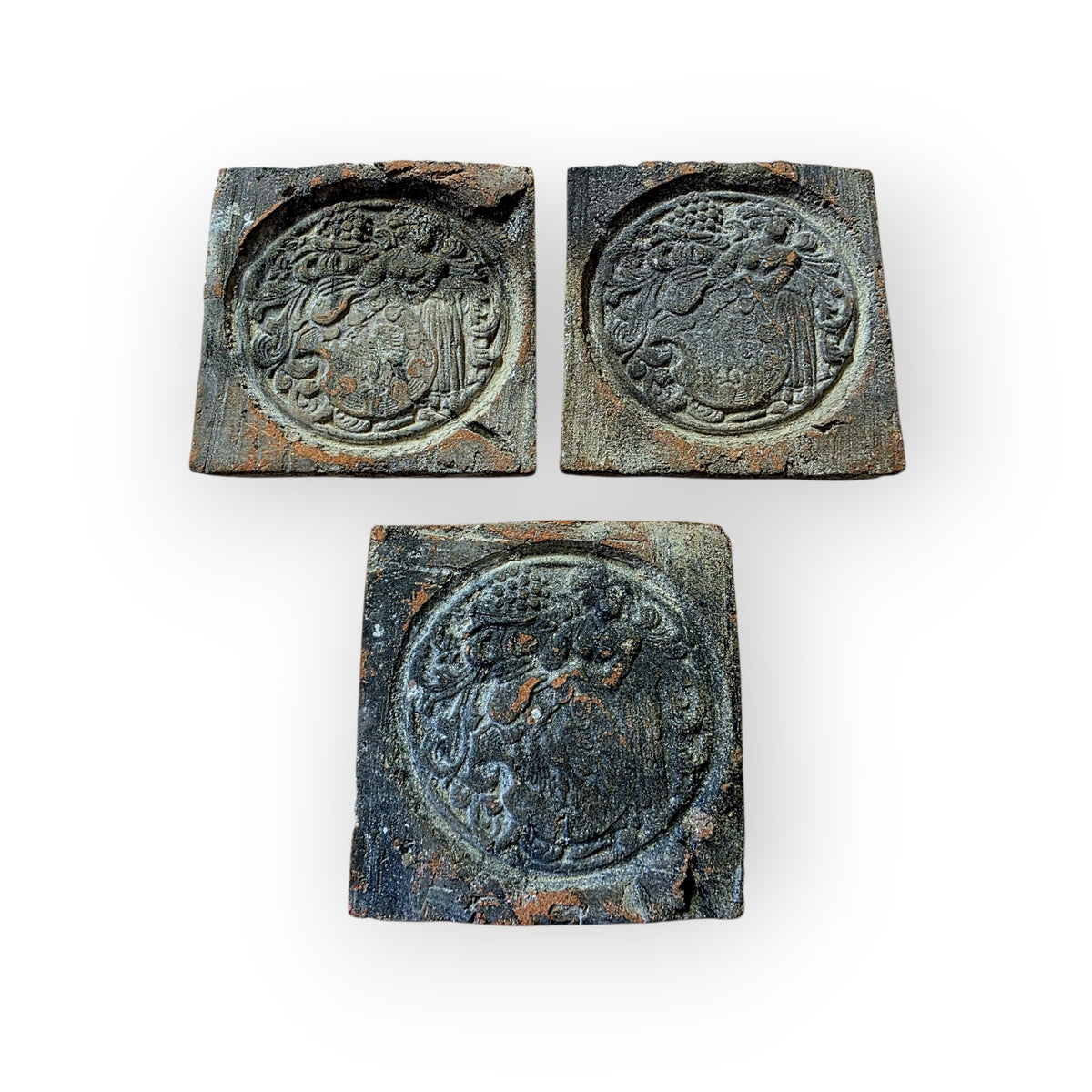 Set of Three English Late 14th Century Medieval Antique Heraldic Relief Floor Tiles, Bawsey, Norfolk, c.1375–1400