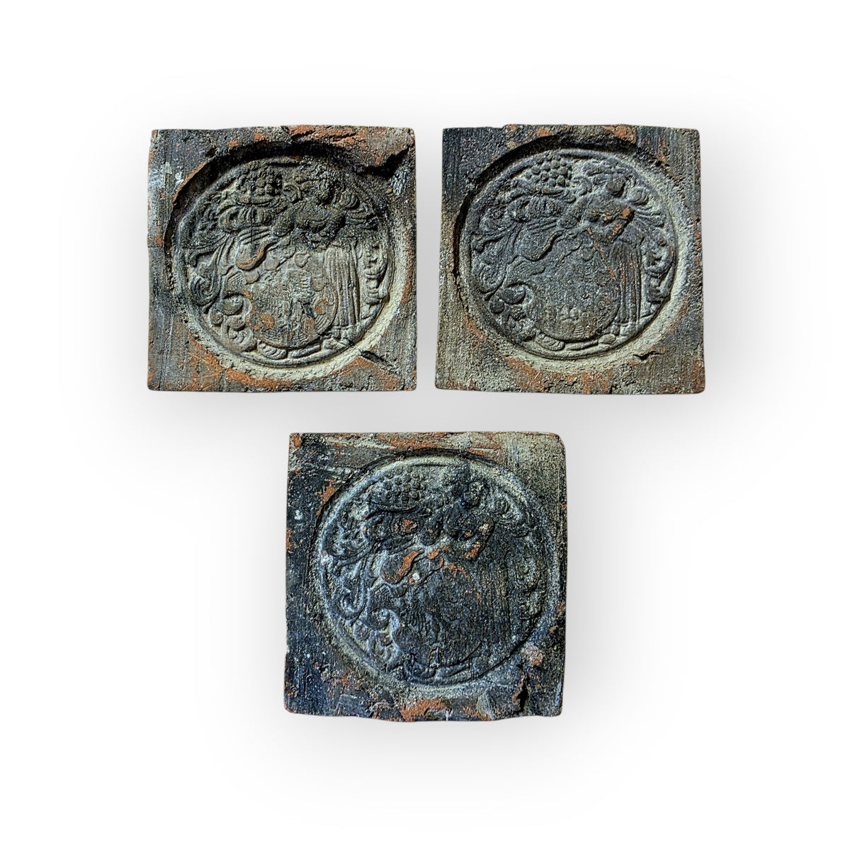 Set of Three English Late 14th Century Medieval Antique Heraldic Relief Floor Tiles, Bawsey, Norfolk, c.1375–1400