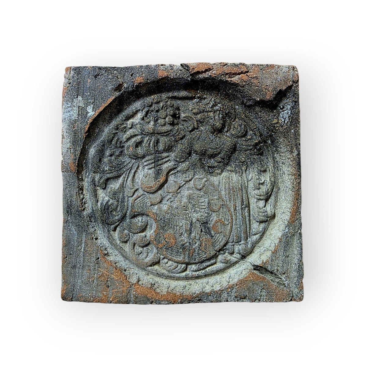 Set of Three English Late 14th Century Medieval Antique Heraldic Relief Floor Tiles, Bawsey, Norfolk, c.1375–1400