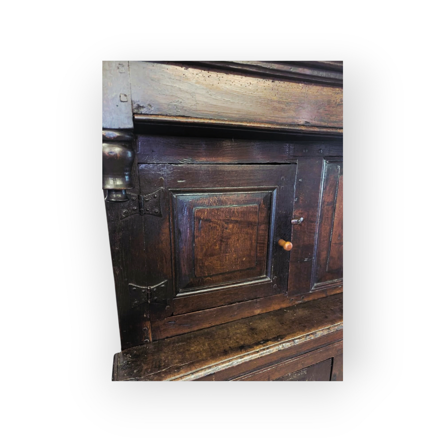 17th-Century English Antique Oak Court Cupboard of Small Proportions with Original Iron Butterfly Hinges