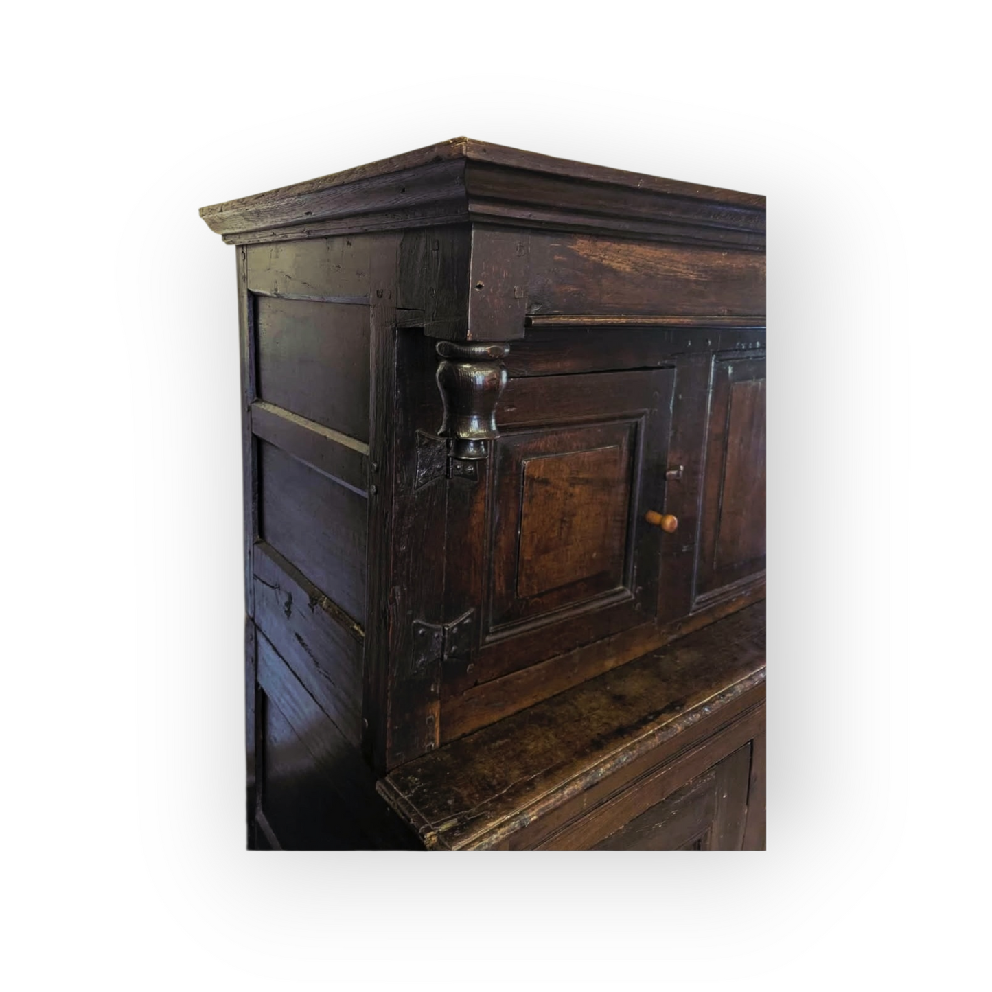 17th-Century English Antique Oak Court Cupboard of Small Proportions with Original Iron Butterfly Hinges