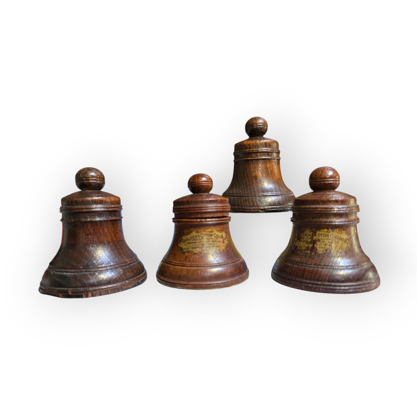 Set of Four Miniature Antique Carved Treen Bells,Turned From 17th Century Oak, from Chilvers Cotton Church, Warwickshire, With Literary Links to The Renowned Author, George Eliot