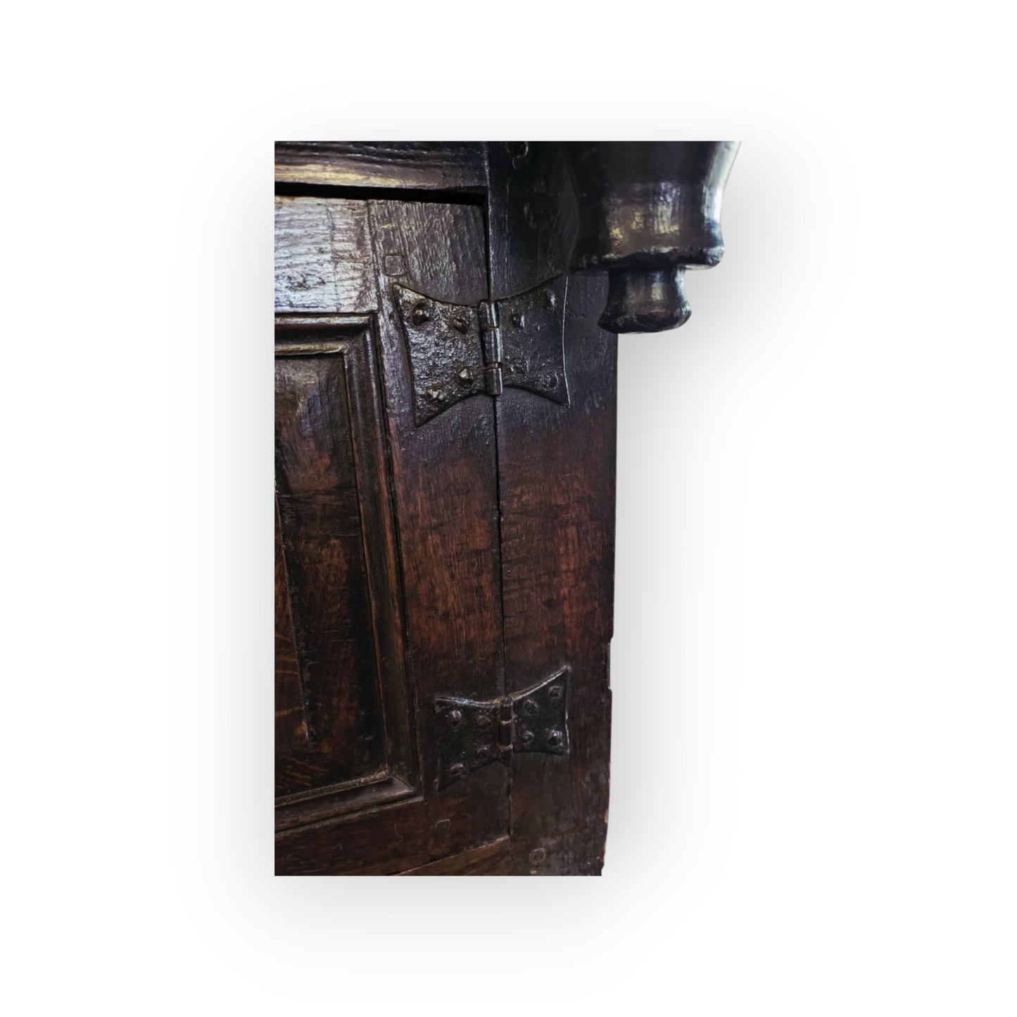 17th-Century English Antique Oak Court Cupboard of Small Proportions with Original Iron Butterfly Hinges