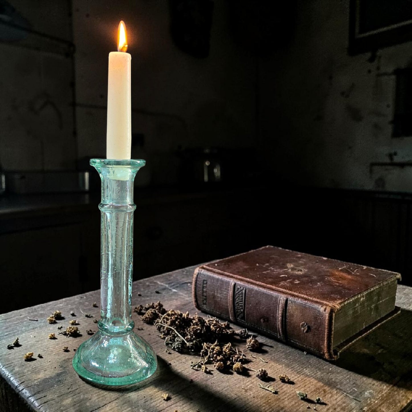 19th-Century English Antique Green-Pressed Glass Candlestick, circa 1860