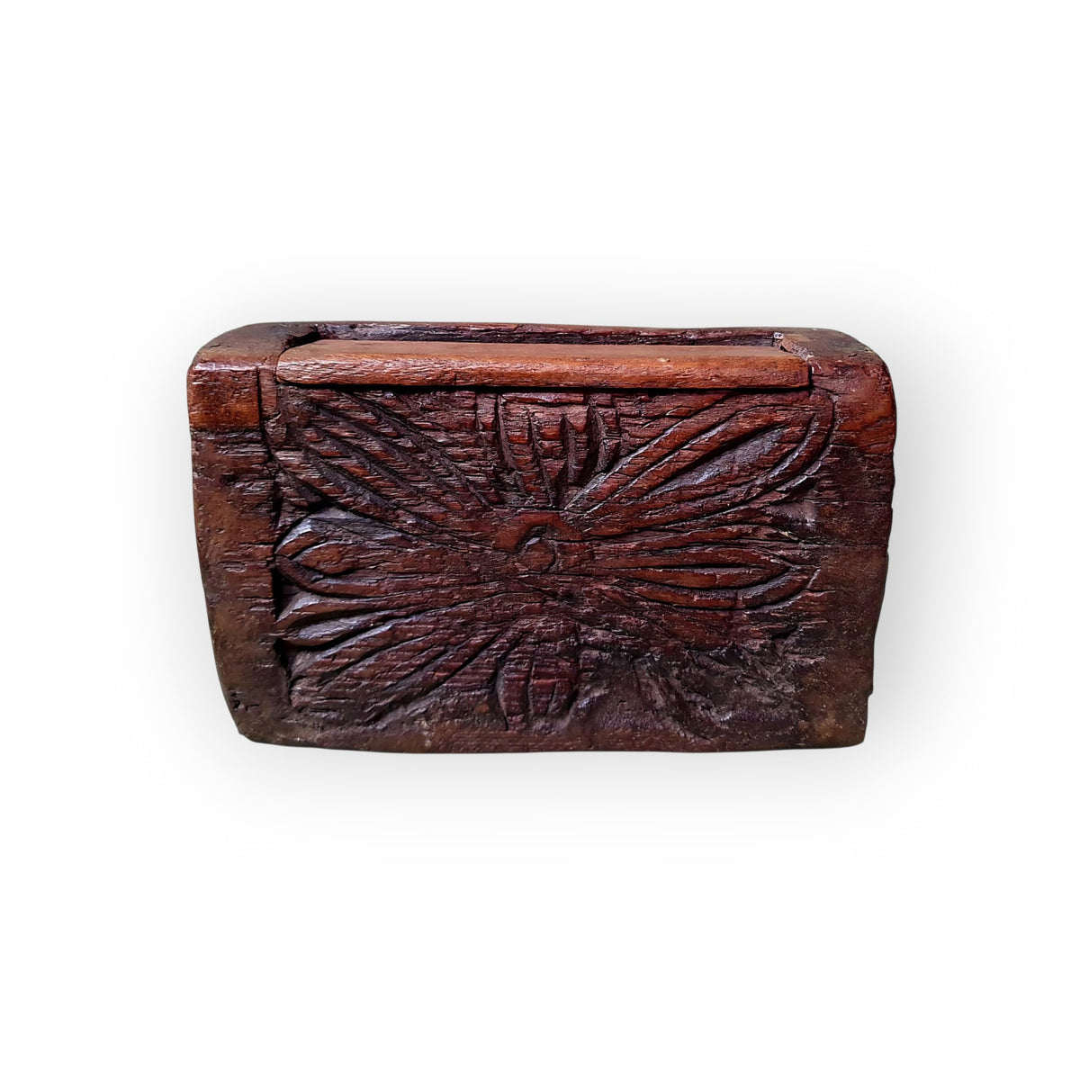Front detail of the chip-carved rosette decoration on the treen box