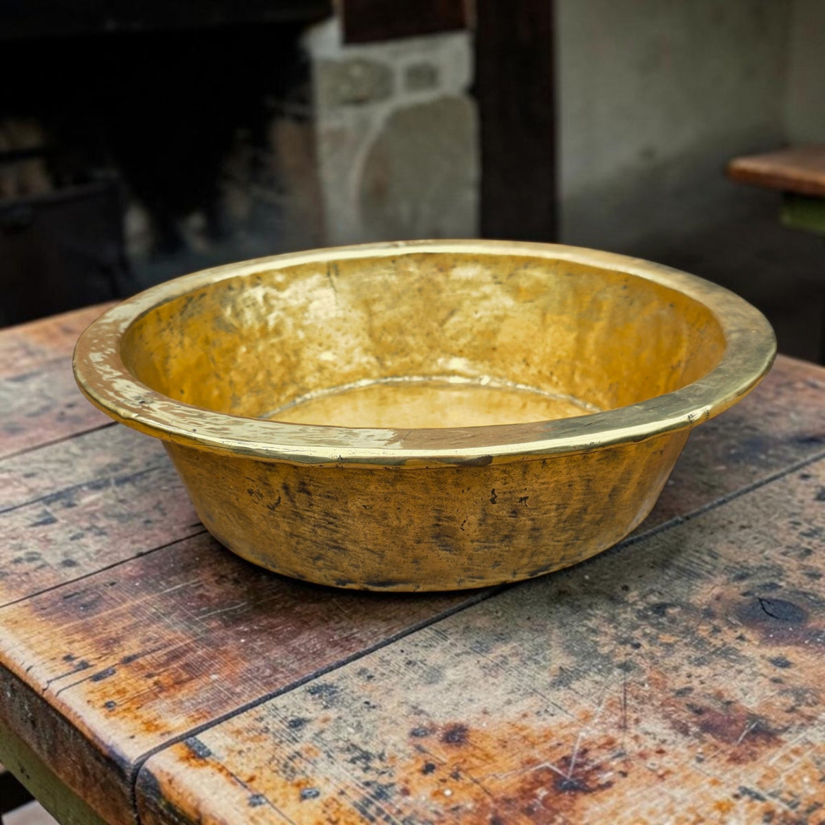 Large & Impressive 17th Century Continental Antique Hammered Brass Bowl with Rolled Rim