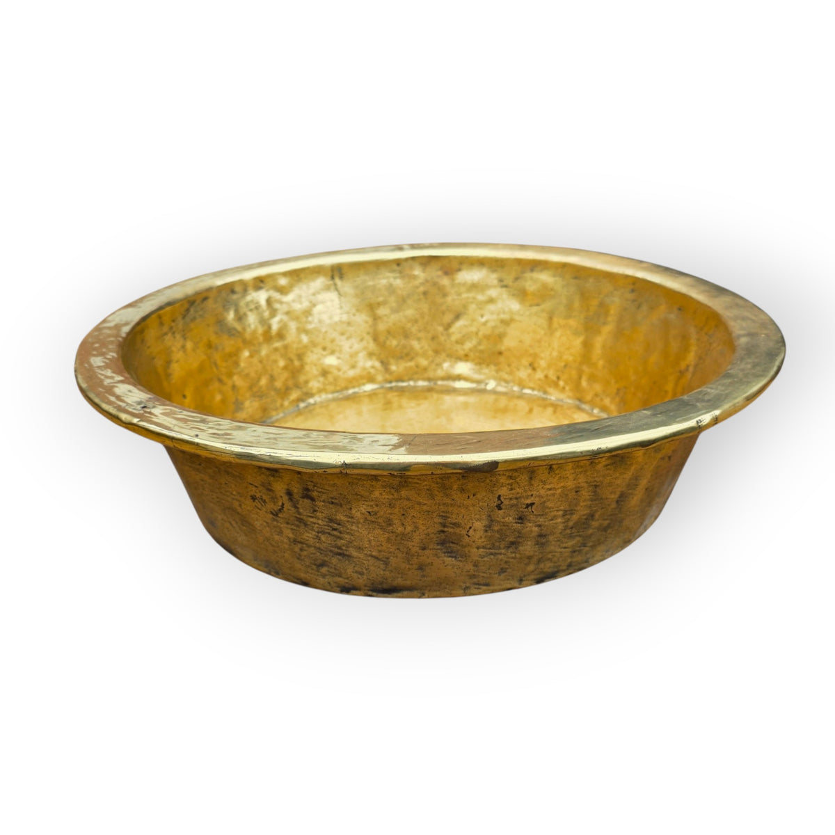 Large & Impressive 17th Century Continental Antique Hammered Brass Bowl with Rolled Rim