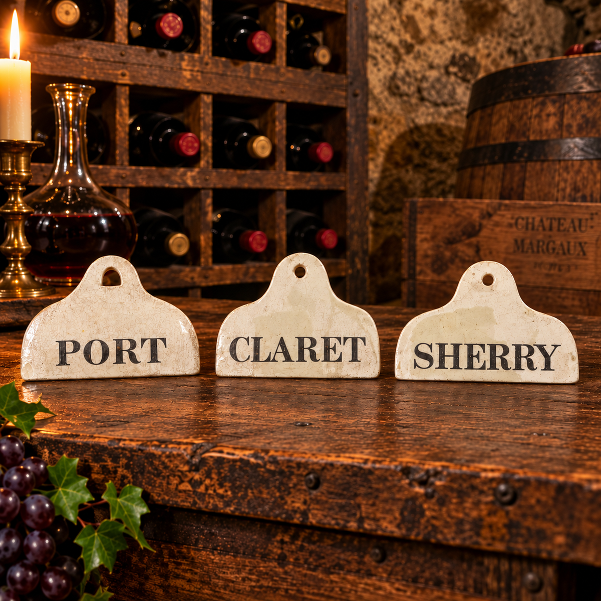 Three 19th-century English Antique Country House Bin Labels / Wine Labels - Port, Claret and Sherry