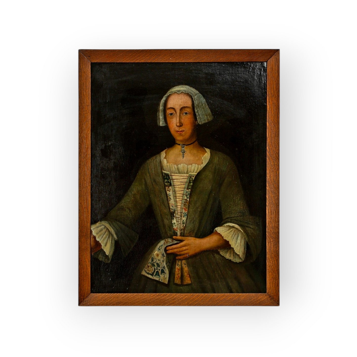Naive 18th‑Century Antique Portrait of a Lady – Oil on Canvas