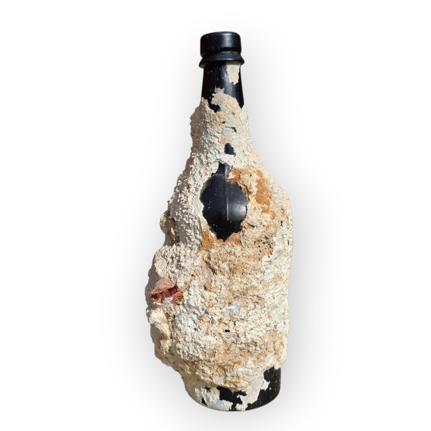 Shipwreck-Recovered English Antique Black Glass Cylinder Bottle with Marine Concretion, c.1840