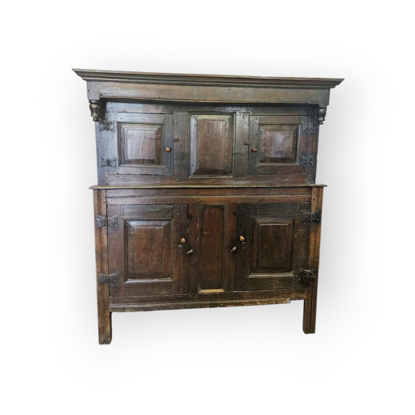 17th-Century English Antique Oak Court Cupboard of Small Proportions with Original Iron Butterfly Hinges