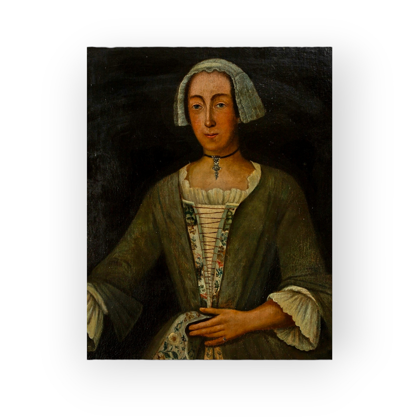 Naive 18th‑Century Antique Portrait of a Lady – Oil on Canvas