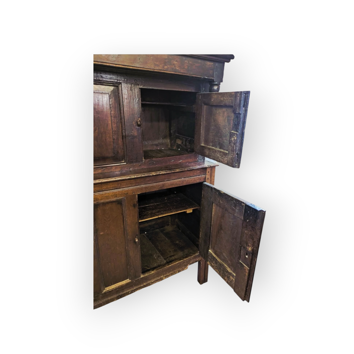 17th-Century English Antique Oak Court Cupboard of Small Proportions with Original Iron Butterfly Hinges