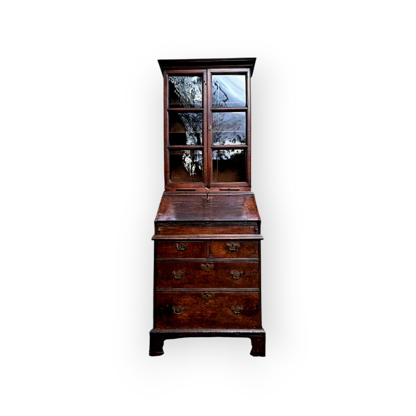 A Small Early 18th Century English Antique Oak Bureau Bookcase In Original Condition