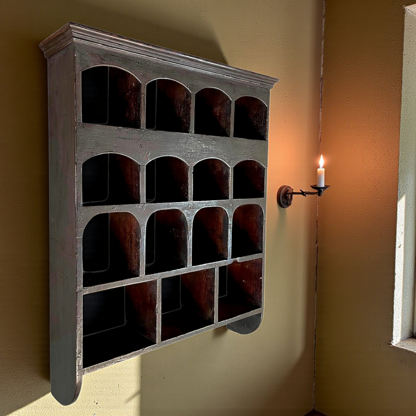 George III Period, Early 19th Century English Antique Pine Wall Rack With Pigeon Holes - In Original Painted Finish