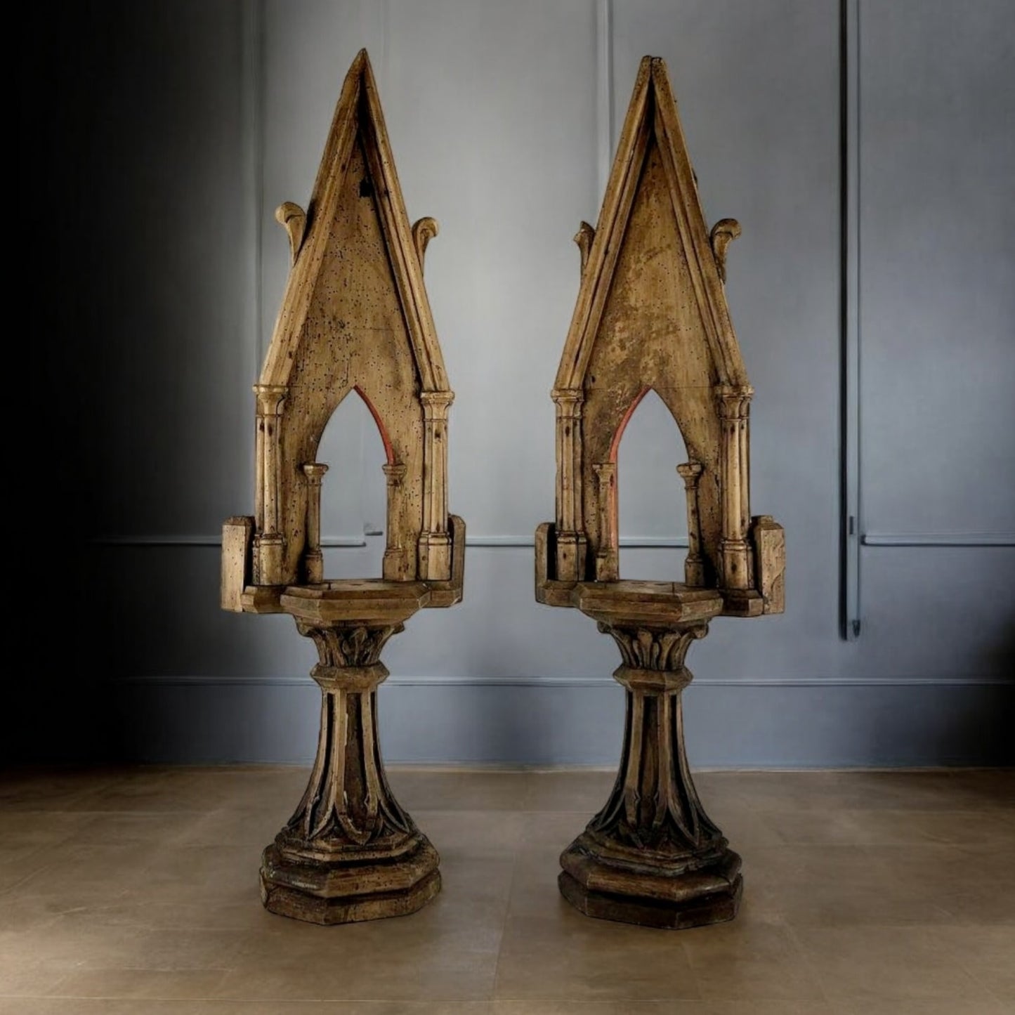 An Impressive Pair of Large Early 19th Century Antique Oak Gothic Revival Candlestands / Altarsticks