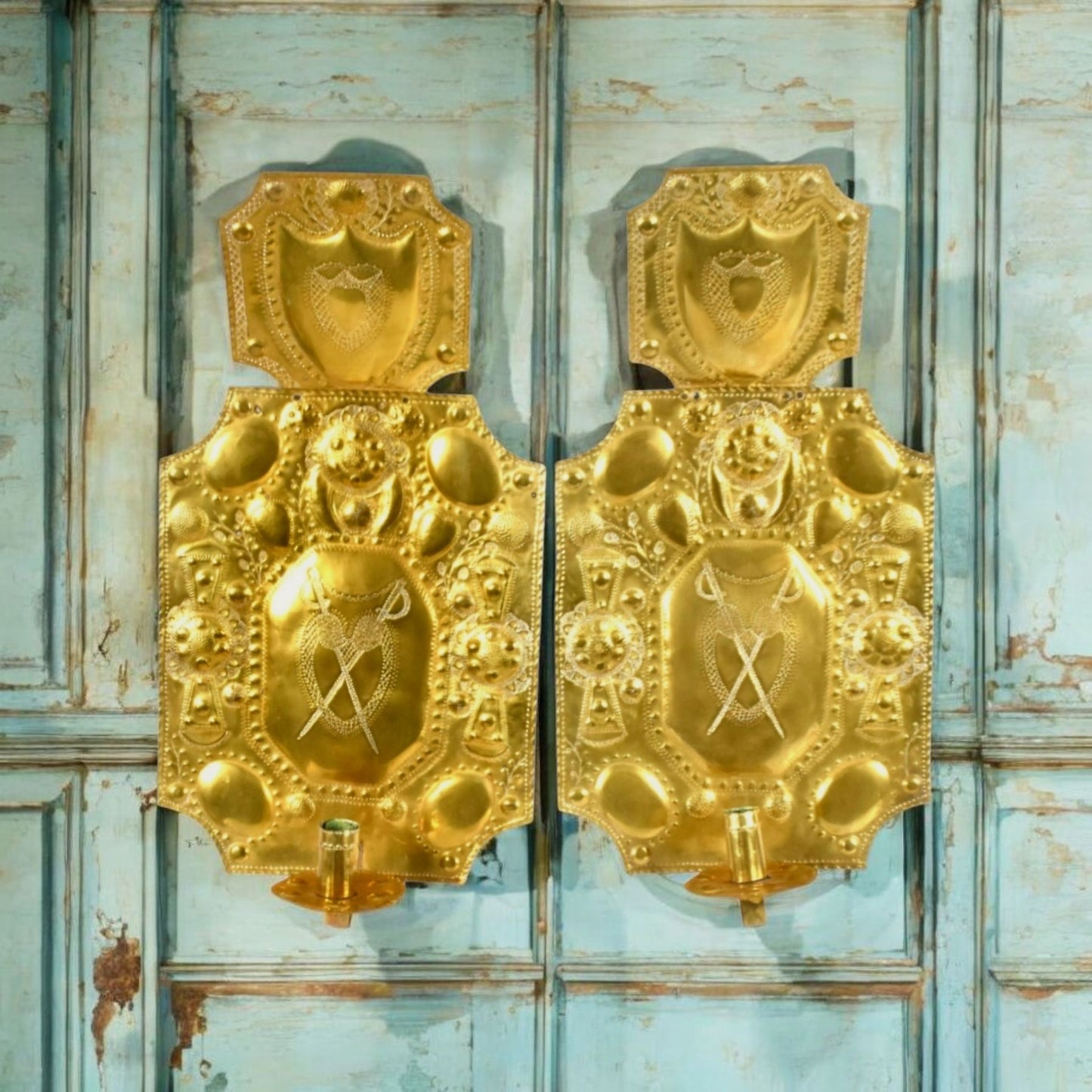 Pair of Large 18th Century Antique Repoussé-Worked Brass Wall Reflectors / Wall Sconces, Almost Two Feet Tall!