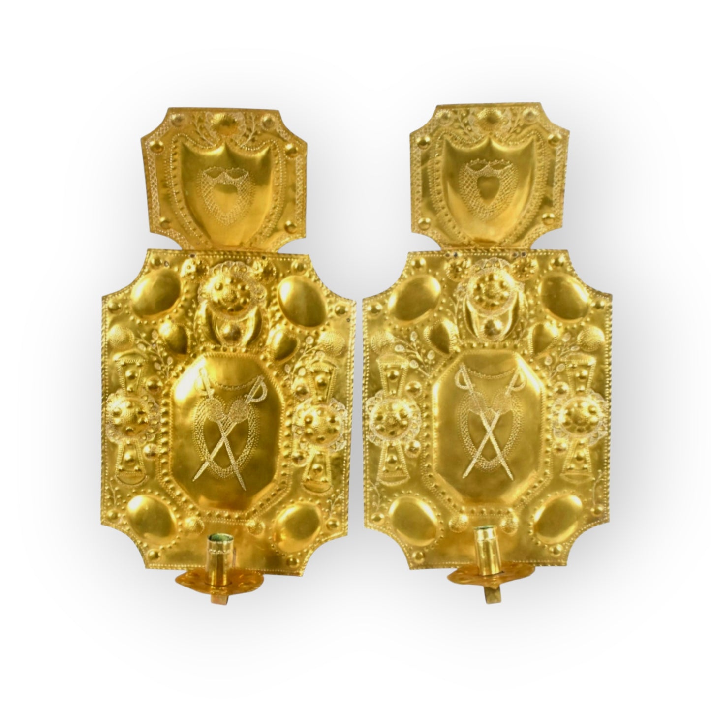 Pair of Large 18th Century Antique Repoussé-Worked Brass Wall Reflectors / Wall Sconces, Almost Two Feet Tall!