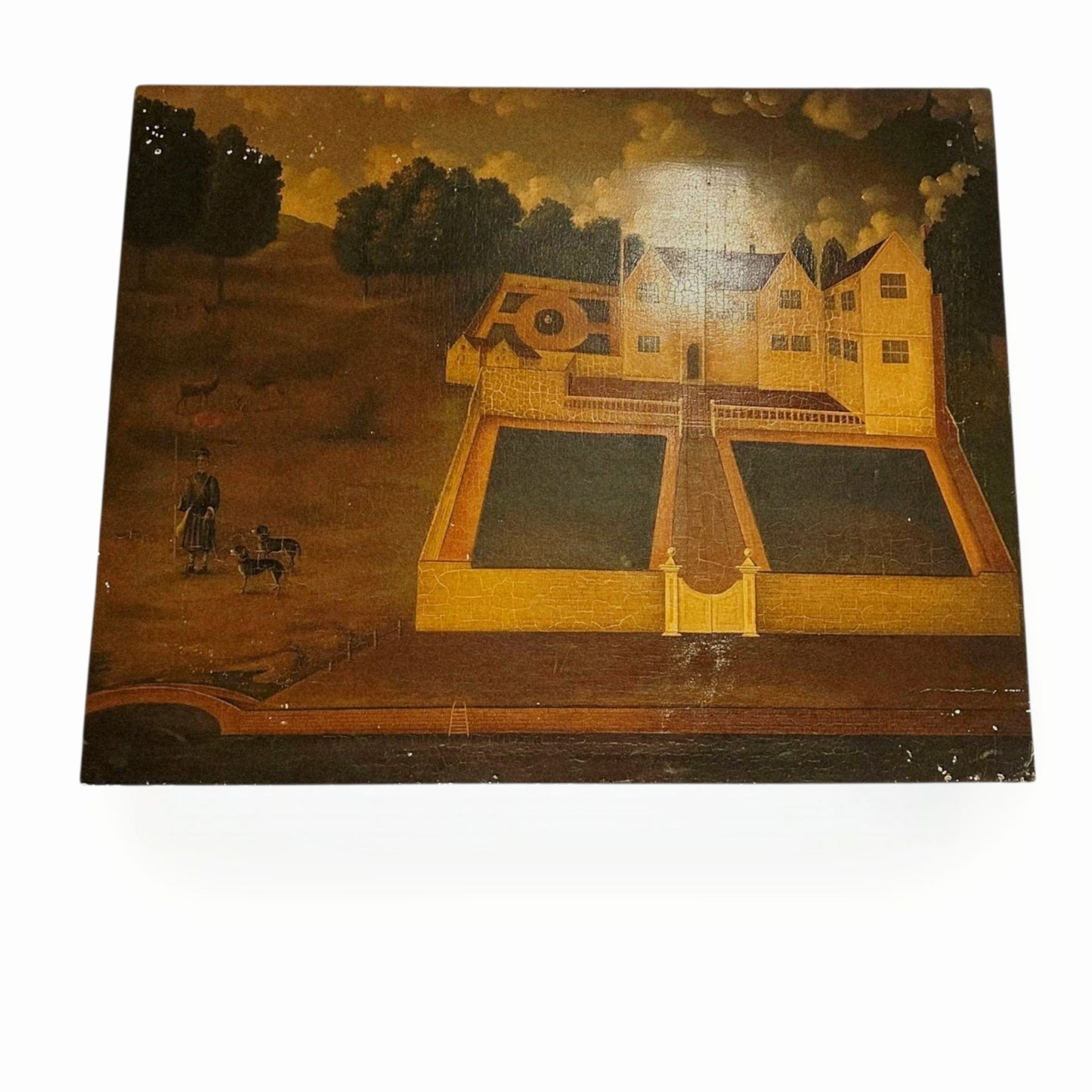 Naive 18th-Century Style Primitive Antique Painting of a Country House