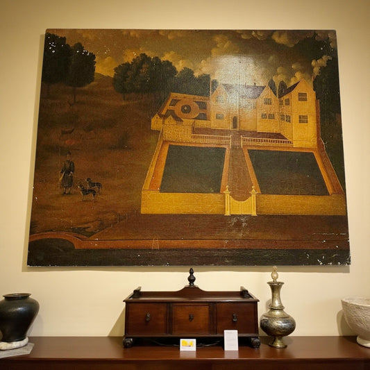 Naive 18th-Century Style Primitive Antique Painting of a Country House