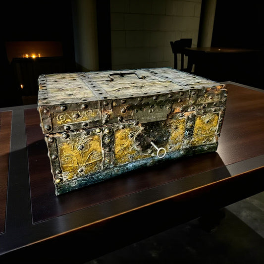Mid 17thC Spanish Antique Leather and Iron-Bound Box