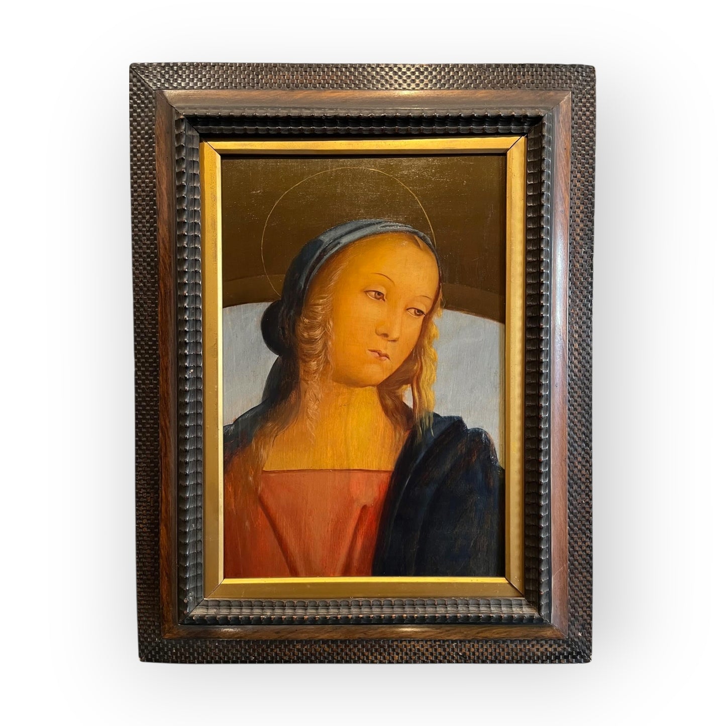 19th‑Century Italian School Antique Oil on Canvas Portrait, After Pietro Perugino (c.1446–1523) – The Madonna as a Head & Shoulders Portrait After The Original Titled "The Madonna Between St. John and St. Sebastian," Circa 1493