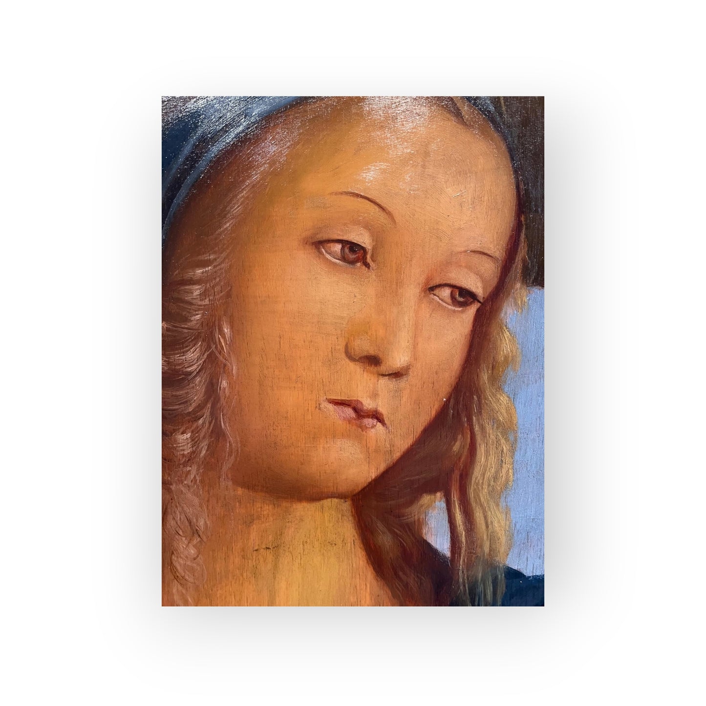 19th‑Century Italian School Antique Oil on Canvas Portrait, After Pietro Perugino (c.1446–1523) – The Madonna as a Head & Shoulders Portrait After The Original Titled "The Madonna Between St. John and St. Sebastian," Circa 1493