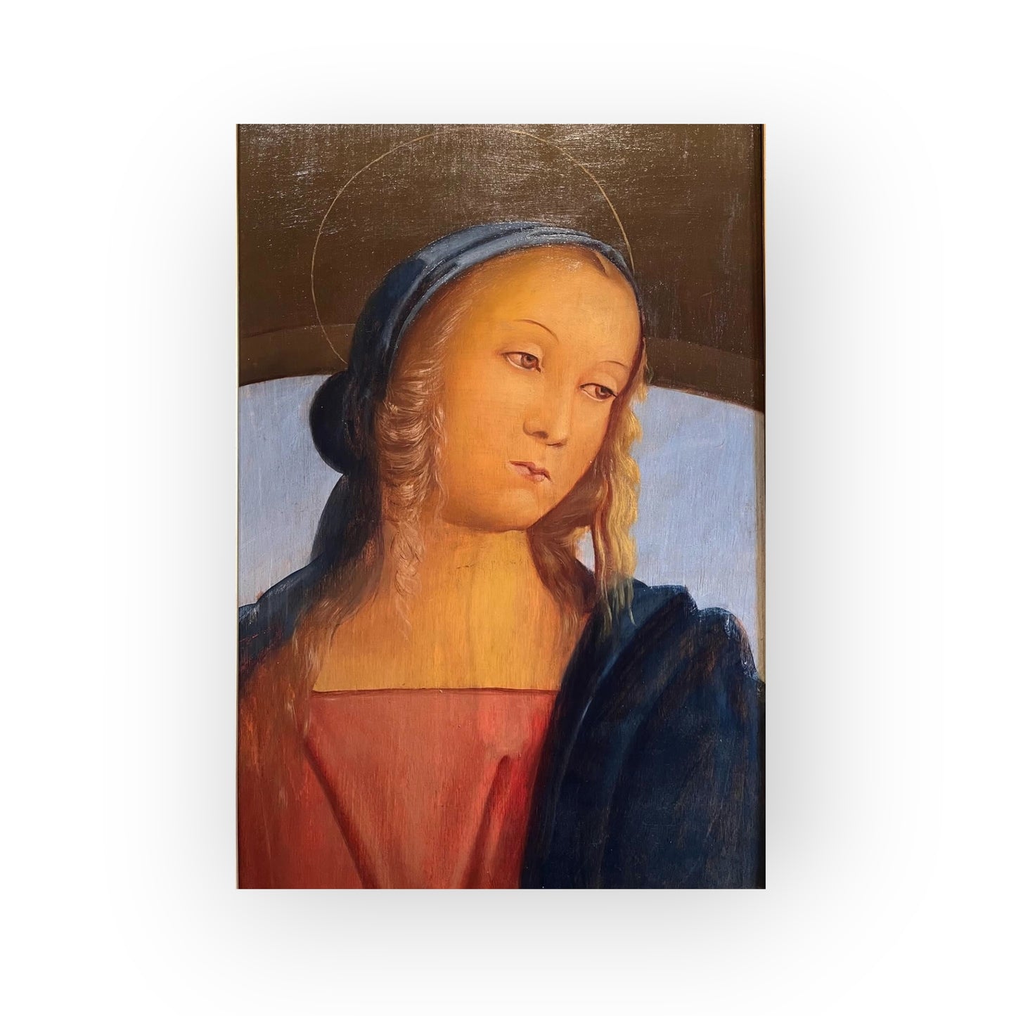 19th‑Century Italian School Antique Oil on Canvas Portrait, After Pietro Perugino (c.1446–1523) – The Madonna as a Head & Shoulders Portrait After The Original Titled "The Madonna Between St. John and St. Sebastian," Circa 1493