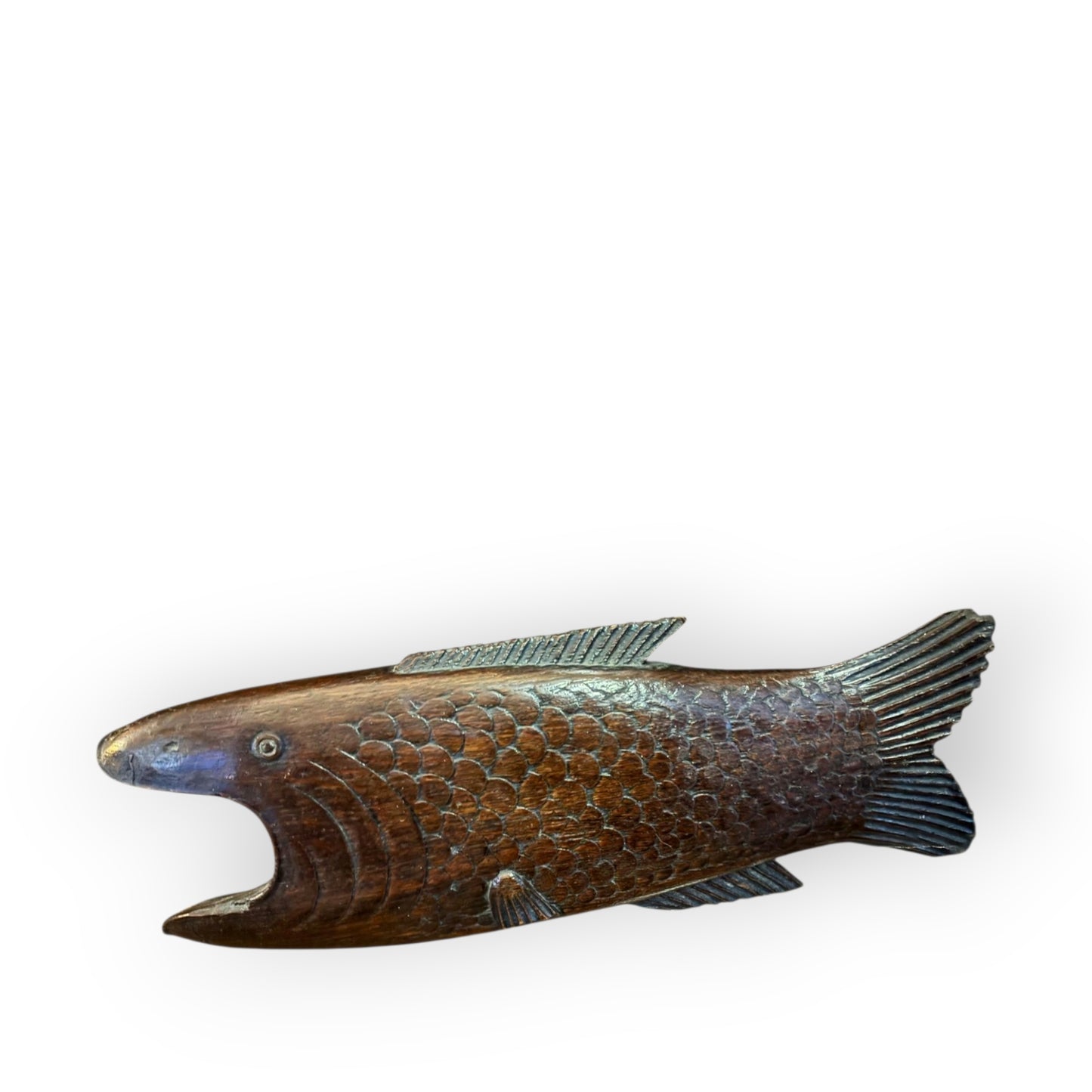 Rare 19th-Century English Antque Folk Art Carved Treen Boot Jack | Fish-Form Treen Love Token (Dated 1873)