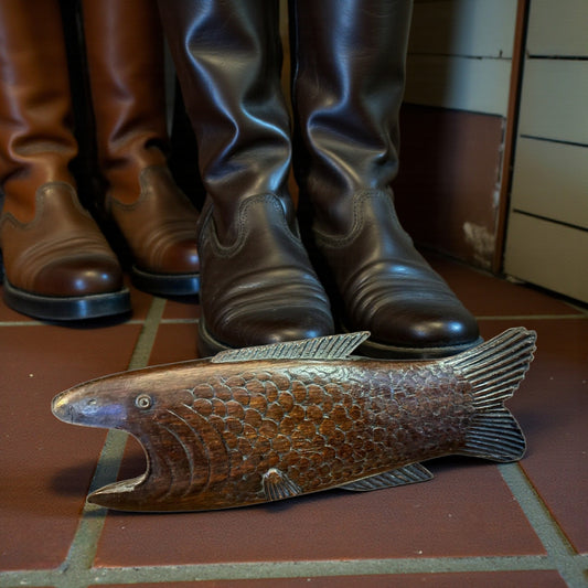 Rare 19th-Century English Antque Folk Art Carved Treen Boot Jack | Fish-Form Treen Love Token (Dated 1873)