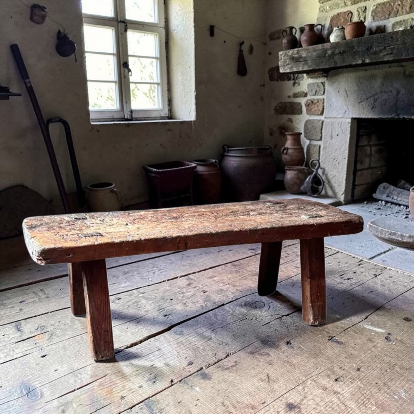 Late 18th‑Century Primitive Antique Pig Bench – Slab‑Top Farm Stool