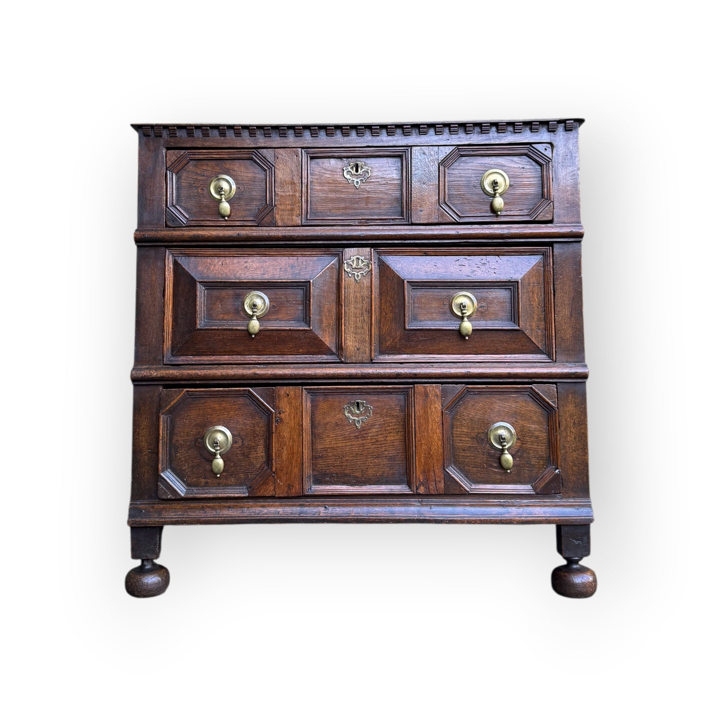 Small 17th-Century English Antique Oak Geometric Fronted Chest of Drawers
