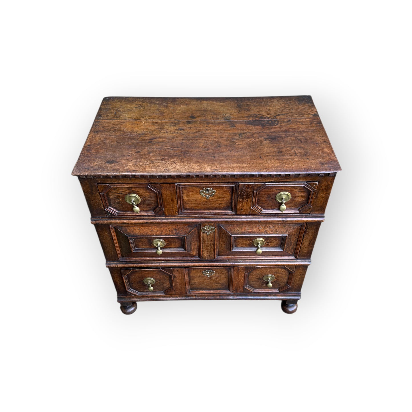 Small 17th-Century English Antique Oak Geometric Fronted Chest of Drawers