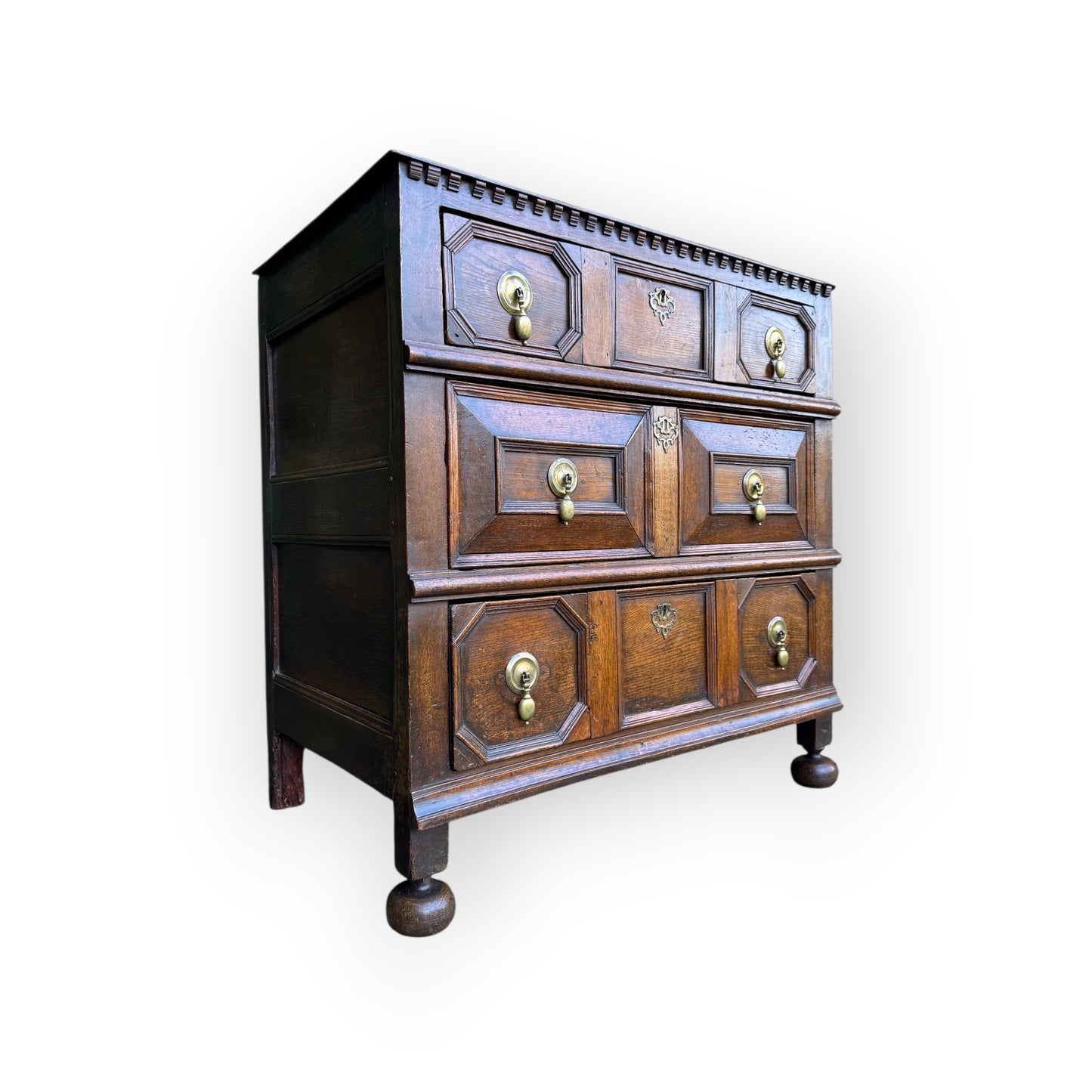 Small 17th-Century English Antique Oak Geometric Fronted Chest of Drawers