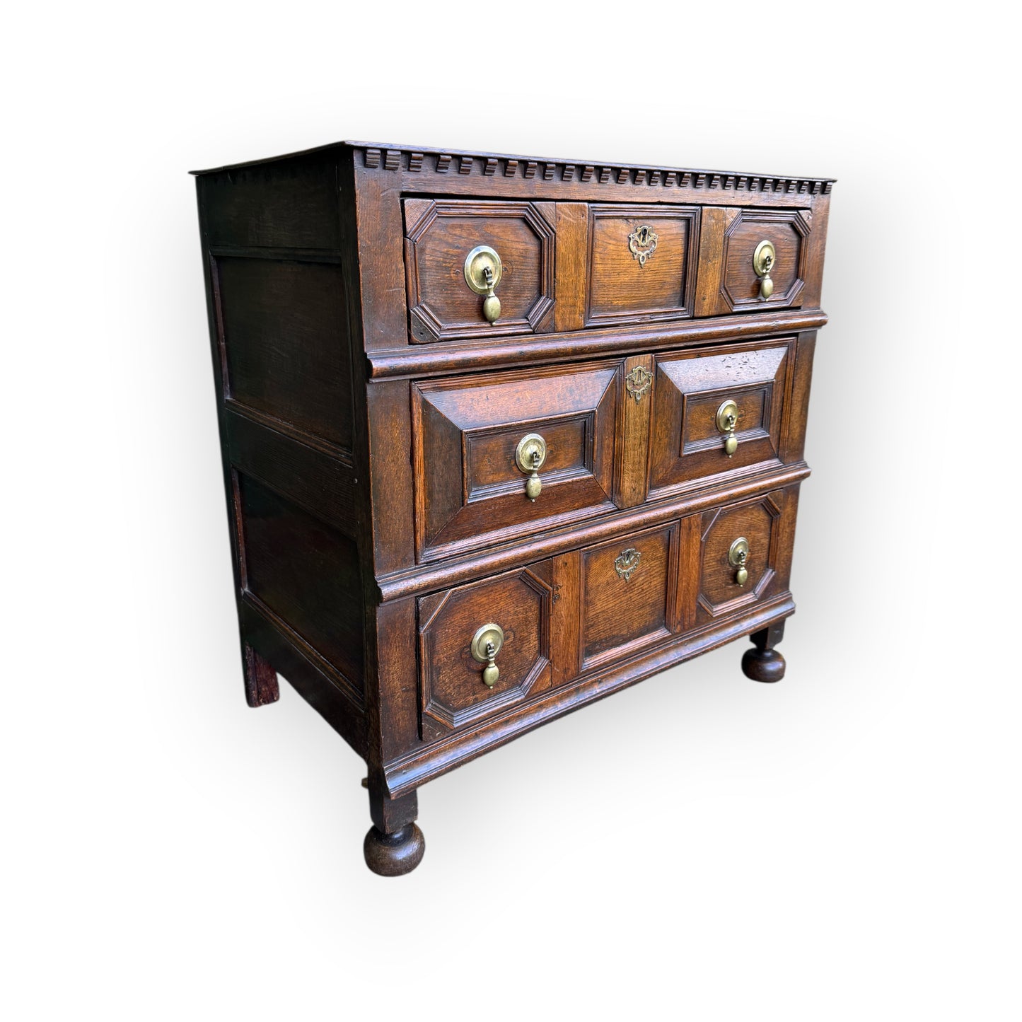 Small 17th-Century English Antique Oak Geometric Fronted Chest of Drawers