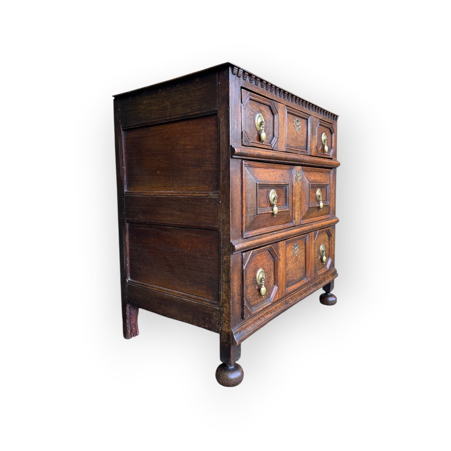 Small 17th-Century English Antique Oak Geometric Fronted Chest of Drawers