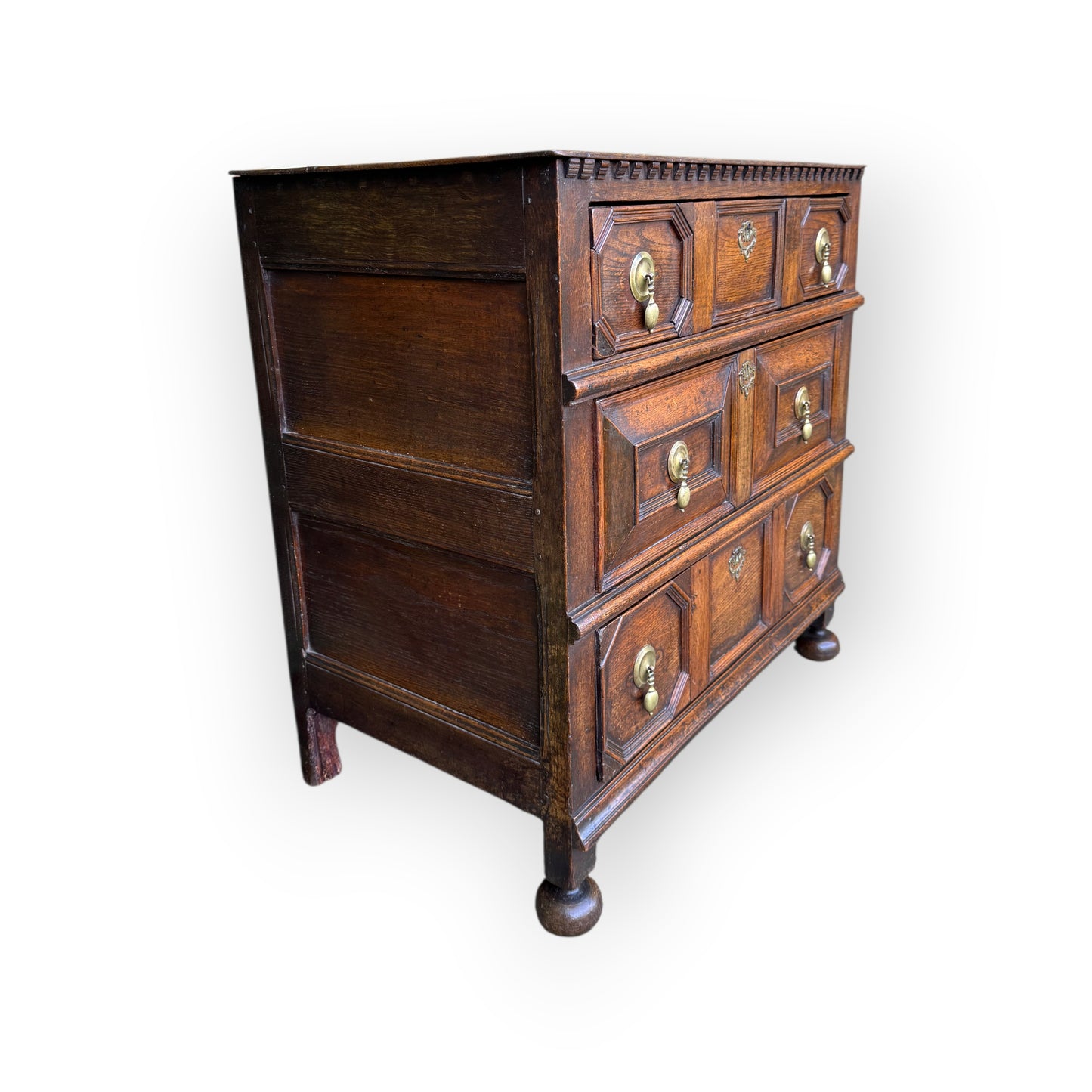 Small 17th-Century English Antique Oak Geometric Fronted Chest of Drawers