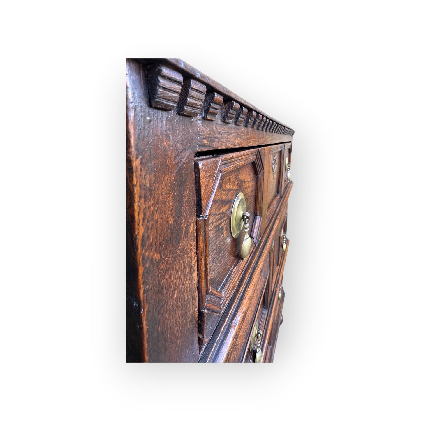 Small 17th-Century English Antique Oak Geometric Fronted Chest of Drawers